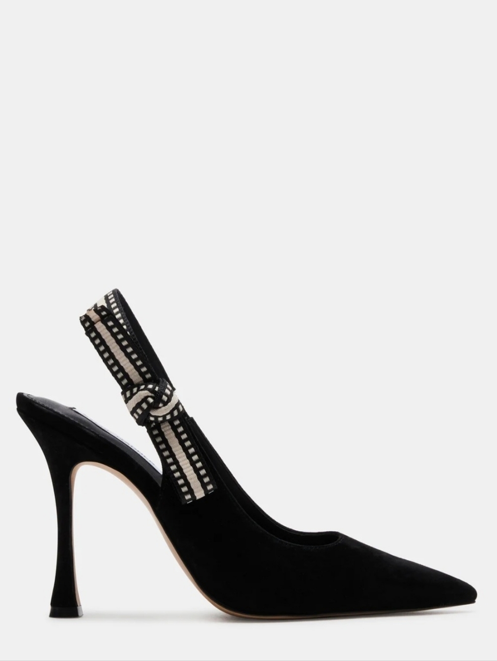 Black Pointed-Toe Slingback Pump with Patterned Strap